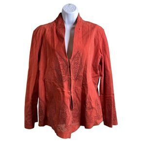 Chico's Women's Red Suede Leather Jacket Size 2 Large Western Boho Hippie Eyelet